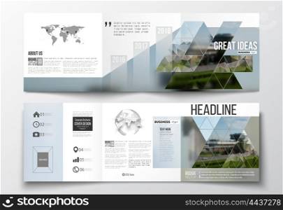 Vector set of tri-fold brochures, square design templates with element of world map and globe. Colorful polygonal background, blurred image, airport landscape, modern stylish triangular vector texture