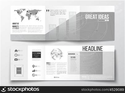 Vector set of tri-fold brochures, square design templates with element of world map and globe. Molecular construction with connected lines and dots, scientific or digital design pattern on gray background.