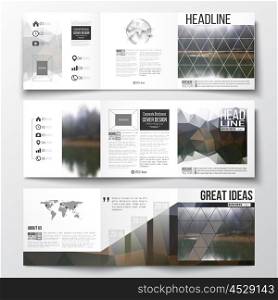 Vector set of tri-fold brochures, square design templates with element of world map and globe. Colorful polygonal backdrop, blurred natural background, modern stylish triangle vector texture.