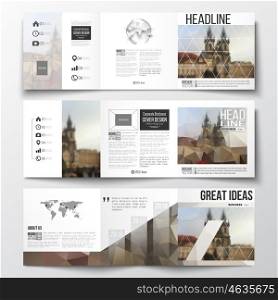 Vector set of tri-fold brochures, square design templates with element of world map and globe. Polygonal background, blurred image, urban landscape, cityscape of Prague, modern triangular texture