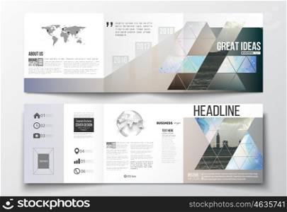 Vector set of tri-fold brochures, square design templates with element of world map and globe. Abstract colorful polygonal backdrop with blurred image, modern stylish triangular vector texture