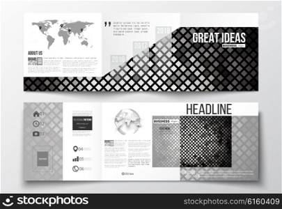 Vector set of tri-fold brochures, square design templates with element of world map and globe. Abstract polygonal background, modern stylish sguare design silver vector texture.