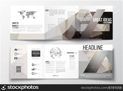 Vector set of tri-fold brochures, square design templates with element of world map and globe. Abstract blurred background, modern stylish dark vector texture.