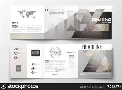 Vector set of tri-fold brochures, square design templates with element of world map and globe. Microchip background, electrical circuits, science design vector template.