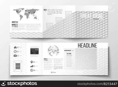 Vector set of tri-fold brochures, square design templates with element of world map and globe. Abstract colorful polygonal background, modern stylish triangle vector texture.