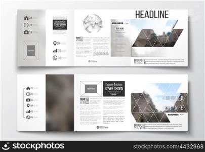 Vector set of tri-fold brochures, square design templates with element of world globe. Polygonal background, blurred image, urban landscape, modern stylish triangular vector texture.