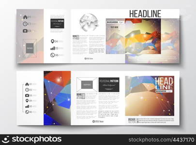 Vector set of tri-fold brochures, square design templates with element of world globe. Molecular construction with connected lines and dots, scientific pattern on abstract colorful polygonal background, modern stylish triangle vector texture.