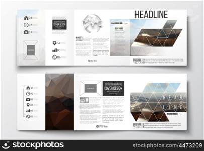 Vector set of tri-fold brochures, square design templates with element of world globe. Colorful polygonal backdrop, blurred background, mountain landscape, modern stylish triangle vector texture.