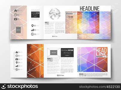 Vector set of tri-fold brochures, square design templates with element of world globe. Abstract colorful polygonal background, modern stylish triangle vector texture.