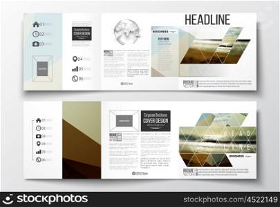 Vector set of tri-fold brochures, square design templates with element of world globe. Abstract colorful polygonal backdrop, blurred background, sea landscape, modern stylish triangle vector texture.