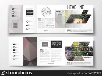 Vector set of tri-fold brochures, square design templates with element of world globe. Polygonal background, blurred image, urban landscape, street in Montmartre, Paris cityscape