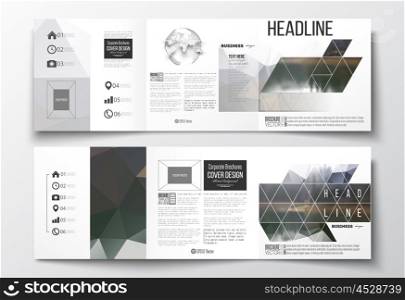 Vector set of tri-fold brochures, square design templates with element of world globe. Colorful polygonal backdrop, blurred natural background, modern stylish triangle vector texture.