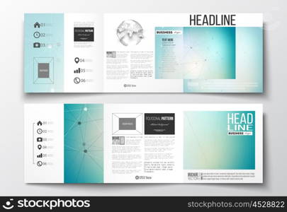 Vector set of tri-fold brochures, square design templates with element of world globe. Molecular construction with connected lines and dots, scientific or digital design pattern on gray background.