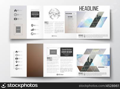 Vector set of tri-fold brochures, square design templates with element of world globe. Abstract colorful polygonal backdrop with blurred image, modern stylish triangular vector texture