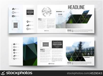 Vector set of tri-fold brochures, square design templates with element of world globe. Colorful polygonal backdrop, blurred natural background, modern stylish triangle vector texture.
