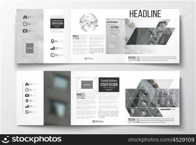 Vector set of tri-fold brochures, square design templates with element of world globe. Polygonal background, blurred image, urban landscape, modern stylish triangular vector texture.