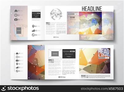 Vector set of tri-fold brochures, square design templates with element of world globe. Molecular construction with connected lines and dots, scientific pattern on abstract colorful polygonal background, modern stylish triangle vector texture.