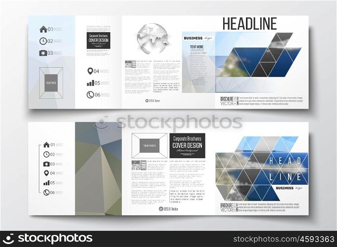 Vector set of tri-fold brochures, square design templates with element of world globe. Colorful polygonal backdrop, blurred background, sea landscape, modern triangle vector texture.