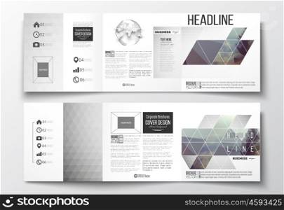 Vector set of tri-fold brochures, square design templates with element of world globe. Abstract colorful polygonal background, modern stylish triangle vector texture