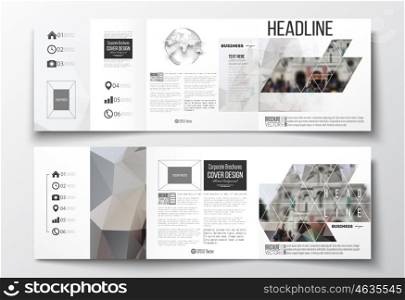 Vector set of tri-fold brochures, square design templates with element of world globe. Polygonal background, blurred image, view of cathedral Sakre-Ker, Paris cityscape, triangular vector texture