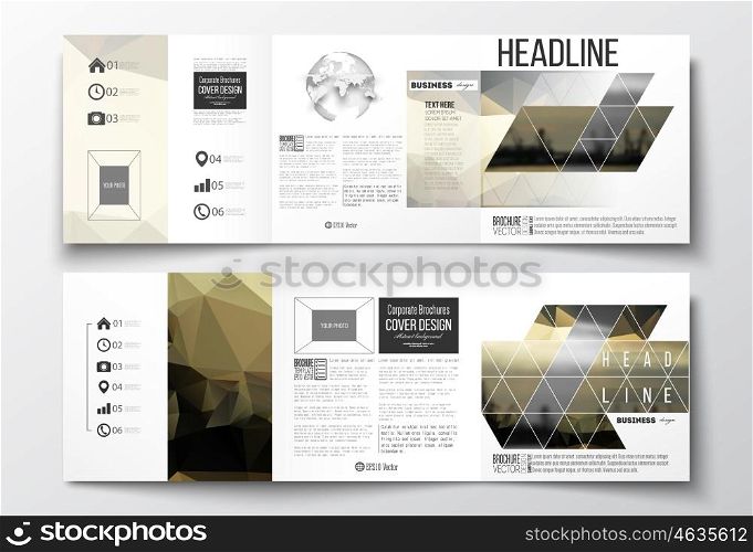 Vector set of tri-fold brochures, square design templates with element of world globe. Colorful polygonal background with blurred image, seaport landscape, modern stylish triangular vector texture.