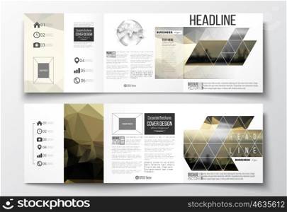 Vector set of tri-fold brochures, square design templates with element of world globe. Colorful polygonal background with blurred image, seaport landscape, modern stylish triangular vector texture.