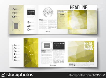 Vector set of tri-fold brochures, square design templates with element of world globe. Molecular construction with connected lines and dots, scientific pattern on abstract yellow polygonal background, modern stylish triangle vector texture.