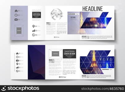 Vector set of tri-fold brochures, square design templates with element of world globe. Dark polygonal background, blurred image, night city landscape, Paris cityscape, modern triangular vector texture