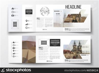 Vector set of tri-fold brochures, square design templates with element of world globe. Polygonal background, blurred image, urban landscape, cityscape of Prague, modern triangular texture