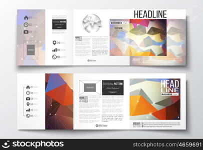 Vector set of tri-fold brochures, square design templates with element of world globe. Molecular construction with connected lines and dots, scientific pattern on abstract colorful polygonal background, modern stylish triangle vector texture.