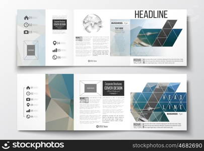 Vector set of tri-fold brochures, square design templates with element of world globe. Colorful polygonal backdrop, blurred background, sea landscape, modern triangle vector texture.