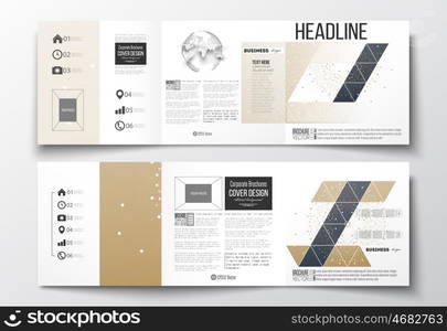 Vector set of tri-fold brochures, square design templates with element of world globe. Polygonal golden background with connecting dots and lines, connection structure. Digital or science vector