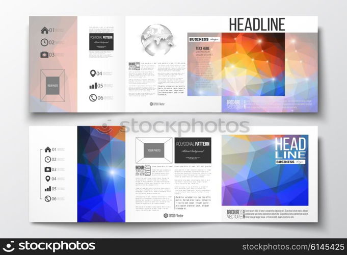 Vector set of tri-fold brochures, square design templates with element of world globe. Abstract colorful polygonal background, modern stylish triangle vector texture.