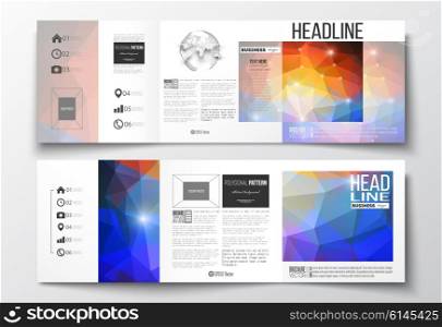 Vector set of tri-fold brochures, square design templates with element of world globe. Abstract colorful polygonal background, modern stylish triangle vector texture.