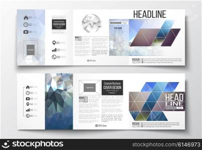 Vector set of tri-fold brochures, square design templates with element of world globe. Abstract colorful polygonal background with blurred image on it, modern stylish triangle vector texture.