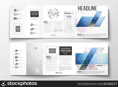 Vector set of tri-fold brochures, square design templates with element of world globe. Abstract colorful polygonal background with blurred image on it, modern stylish triangle vector texture.