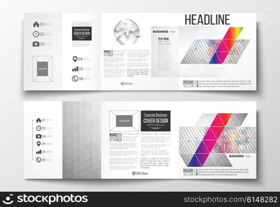 Vector set of tri-fold brochures, square design templates with element of world globe. Abstract colorful polygonal background, modern stylish triangle vector texture.