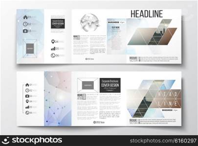 Vector set of tri-fold brochures, square design templates with element of world globe. Abstract colorful polygonal backdrop with blurred image, modern stylish triangular vector texture.