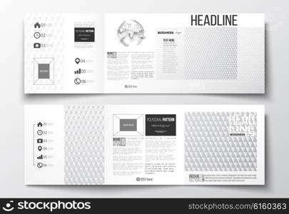 Vector set of tri-fold brochures, square design templates with element of world globe. Abstract colorful polygonal background, modern stylish triangle vector texture.