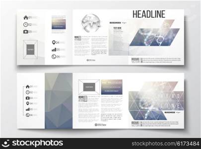 Vector set of tri-fold brochures, square design templates with element of world globe. DNA molecule structure on a blue background. Science vector background.
