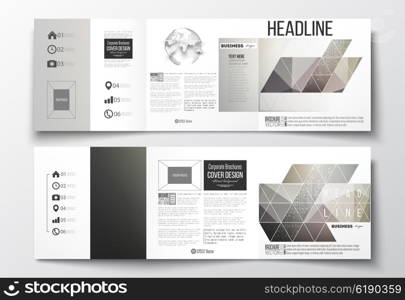 Vector set of tri-fold brochures, square design templates with element of world globe. Microchip background, electrical circuits, science design vector template.