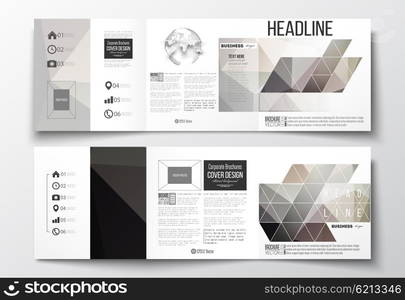 Vector set of tri-fold brochures, square design templates with element of world globe. Abstract blurred background, modern stylish dark vector texture.