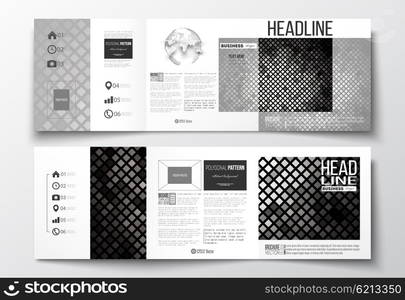 Vector set of tri-fold brochures, square design templates with element of world globe. Abstract polygonal background, modern stylish sguare design silver vector texture.