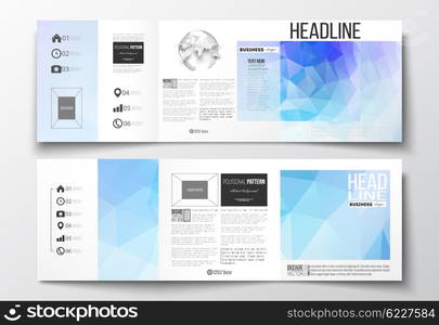 Vector set of tri-fold brochures, square design templates with element of world globe. Abstract colorful polygonal background, modern stylish triangle vector texture.