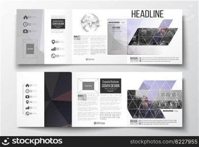 Vector set of tri-fold brochures, square design templates with element of world globe. Polygonal background, blurred image, urban landscape, modern stylish triangular vector texture