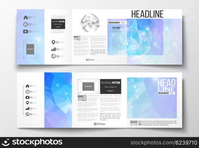 Vector set of tri-fold brochures, square design templates with element of world globe. Abstract colorful polygonal background, modern stylish triangle vector texture.