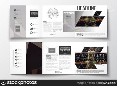 Vector set of tri-fold brochures, square design templates with element of world globe. Dark polygonal background, blurred image, night city landscape, Paris cityscape, modern triangular vector texture