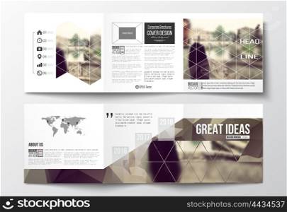 Vector set of tri-fold brochures, square design templates with element of world map. Polygonal background, blurred image, vacation, travel, tourism. Modern triangular vector texture.