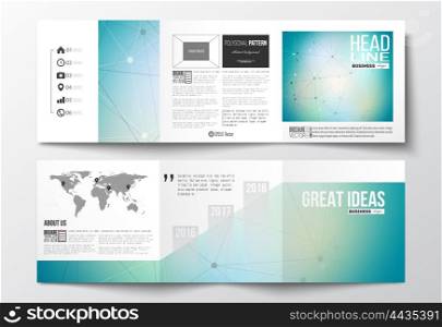 Vector set of tri-fold brochures, square design templates with element of world map. Molecular construction with connected lines and dots, scientific or digital design pattern on gray background.