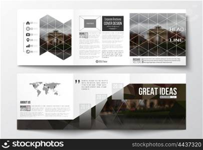 Vector set of tri-fold brochures, square design templates with element of world map. Polygonal background, blurred image, urban landscape, Paris cityscape, modern triangular vector texture